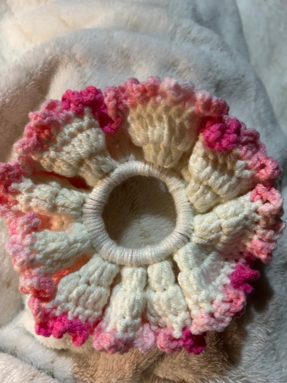 Hand Crafted Cream and Pink Crochet Hair Scrunchie